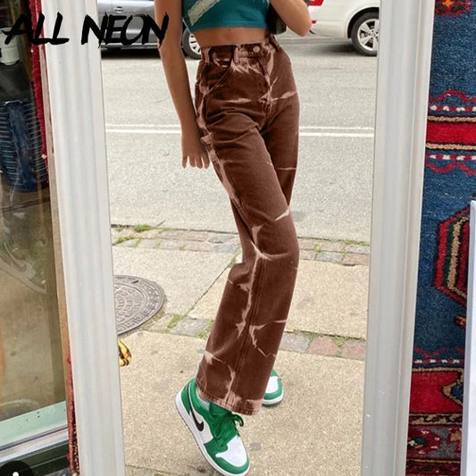 ALLNeon Vintage Tie Dye High Waist Jeans: Aesthetics Brown Denim Trousers