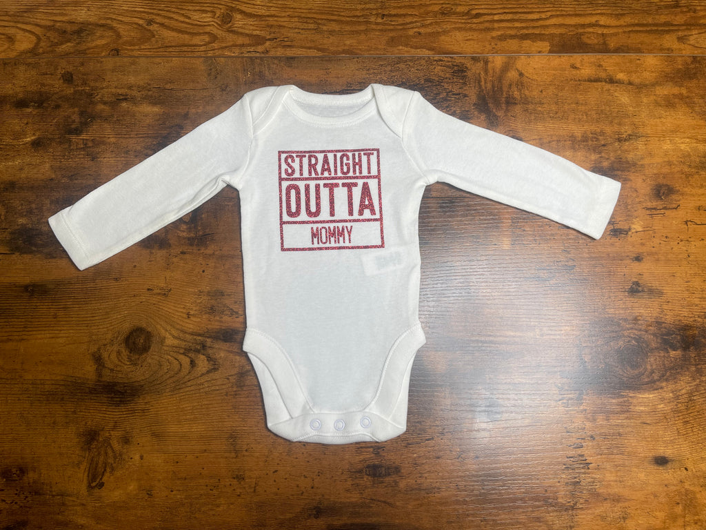 Straight Outta Mommy 0-3 Months Baby Long Sleeve Onesie(Glitter Red)
