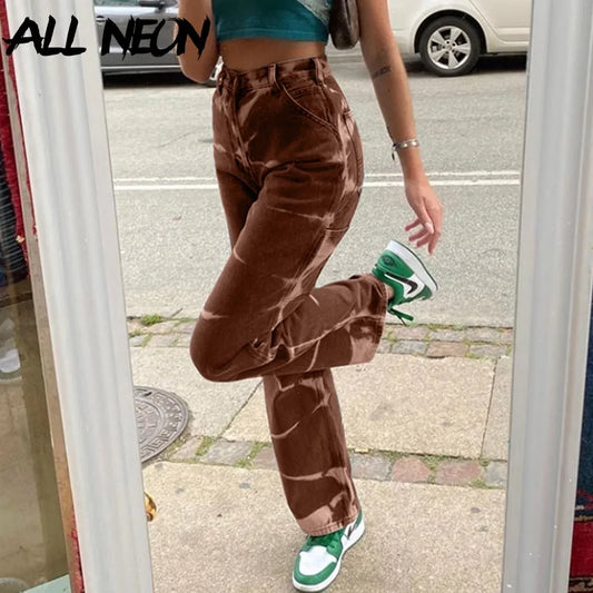 ALLNeon Vintage Tie Dye High Waist Jeans: Aesthetics Brown Denim Trousers