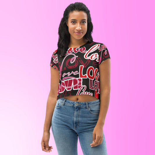 Love Themed Dark All-Over Print Crop Tee