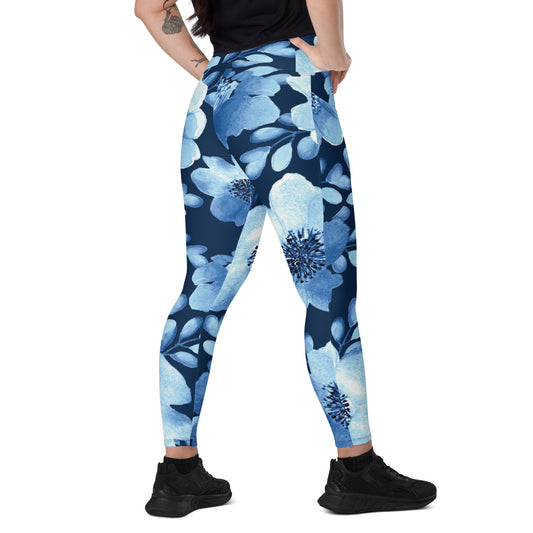 Blue Floral Crossover Leggings with Pockets