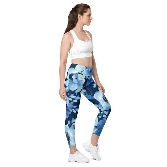 Blue Floral Crossover Leggings with Pockets