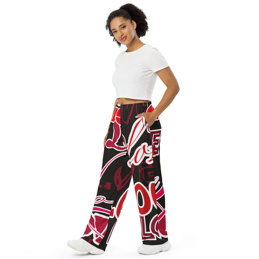 Love Themed Dark Wide-leg Pajama Pants