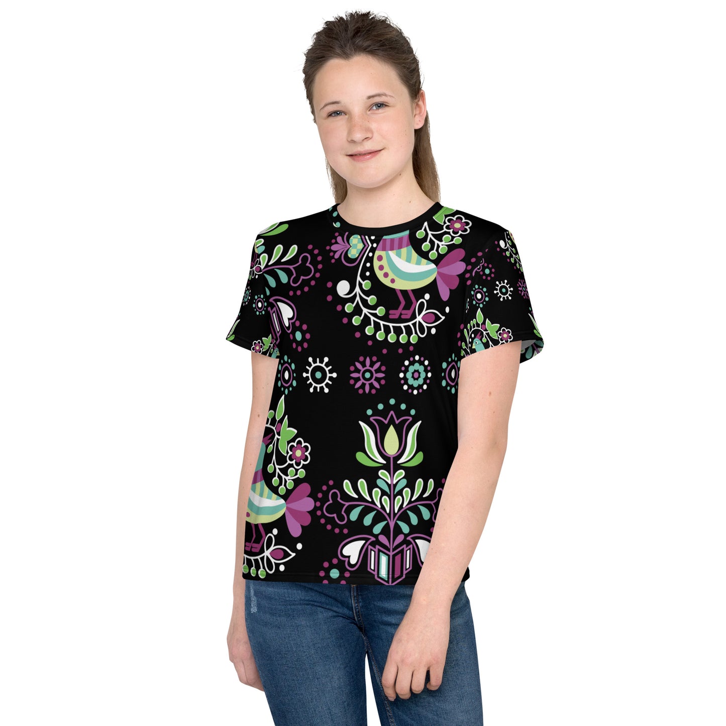 Purple Floral Girls Crew Neck T-shirt