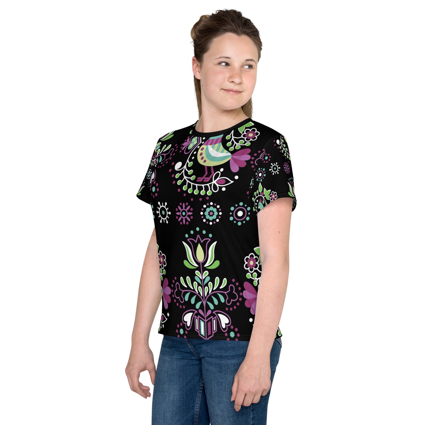 Purple Floral Girls Crew Neck T-shirt